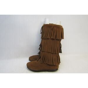 Minnetonka Womens Size 6 Brown Suede Fringe 12" Shaft Mid Calf Fashion Boots